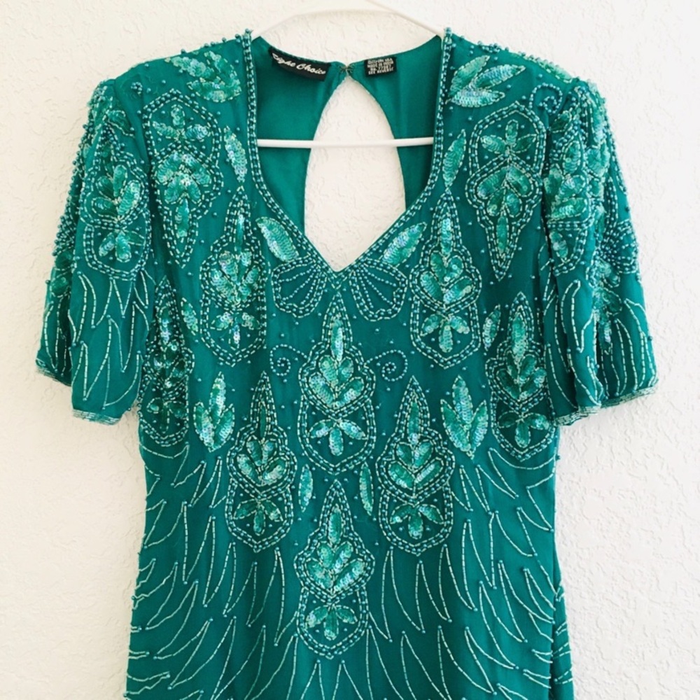 Vintage Beaded and Sequined Silk Dress Keyhole Back Short Sleeve Teal Size S